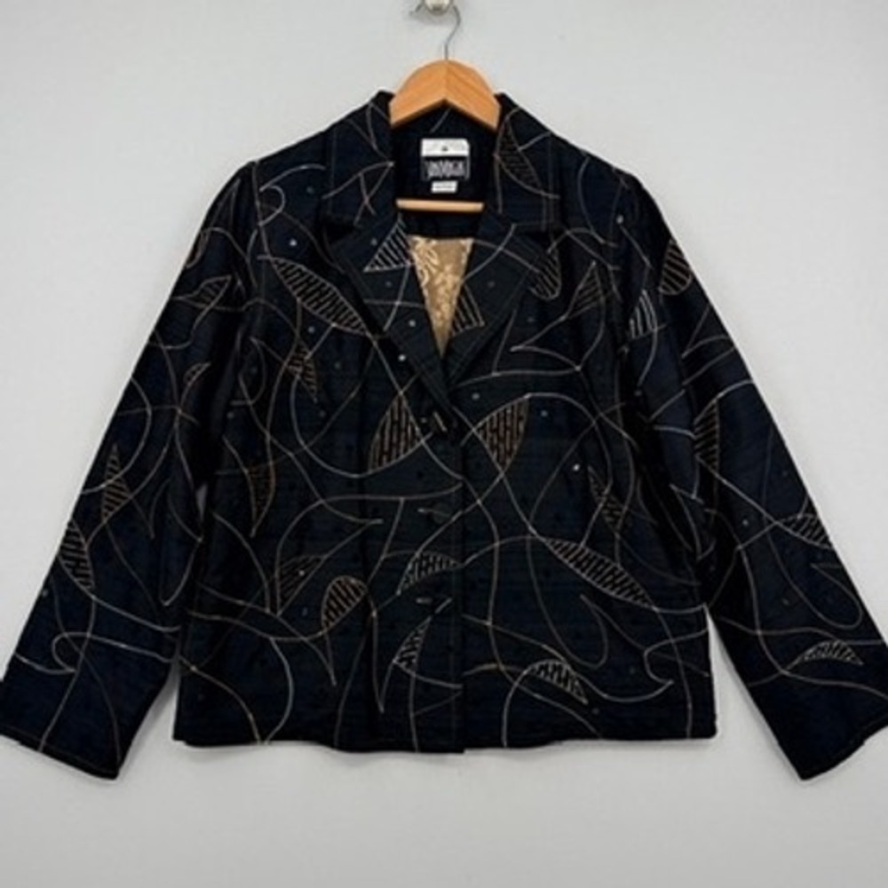 Yak Magik Jacket Women Large Black Metallic Abstract Lagenlook Art to Wear Silk